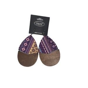NWT Wooden Fabric Covered Boho Aztec Dangle Earrings Purple